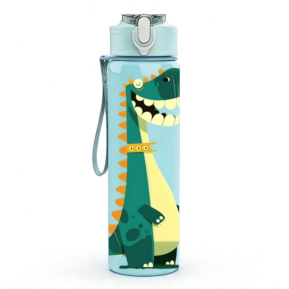 1PC Green Dinosaur Cartoon Dino Print 750ml Color Plastic Sports Water Bottle Leakproof Flip Straw Lid Suitable for Sports Office Home Use