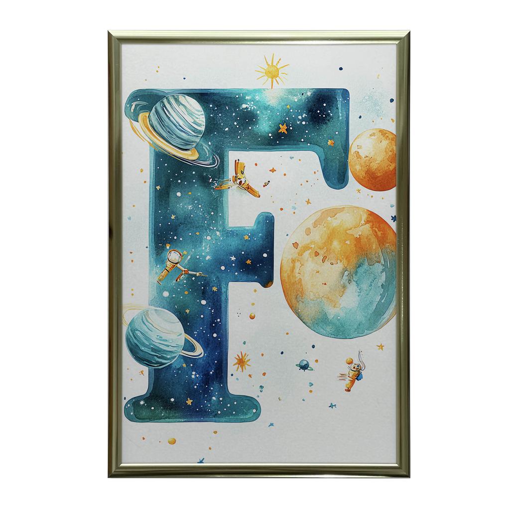 Poster "Letter F In Space" Poster "Letter F In Space, 30X40 Cm, Gold Aluminum Frame, 230 Gsm Matte Paper