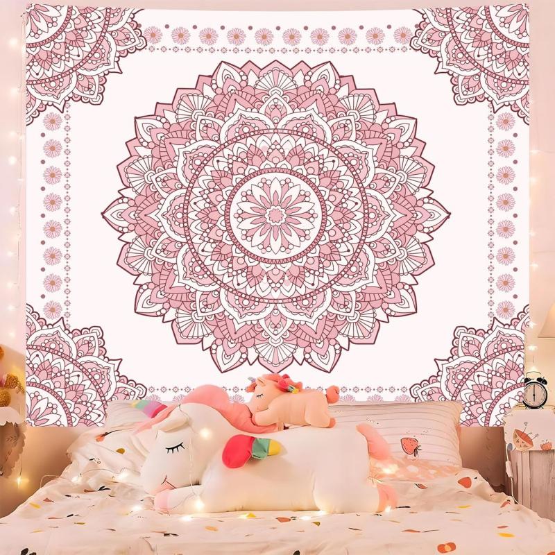 Psychedelic Pink Bohemian Mandala Tapestry Floral Art Aesthetic Wall Hanging Living Room Home Decor Soft Wall Decoration