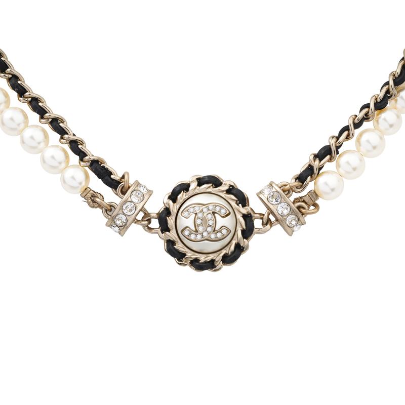 Chanel Женское двухслойное металлическое ожерелье из овчины с жемчугом и цепочкой, украшенное стразами