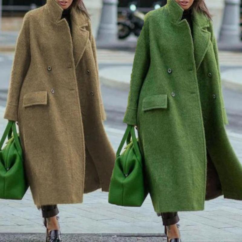 Женское пальто, утолщенное двубортное пальто, осенне-зимнее пальто с отложным воротником, однотонное теплое пальто