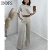 INDFS Women's Fashion Casual Summer Spring Solid Color Print Short Sleeve O-Neck Blouses & Shirts Trousers Pants Suits