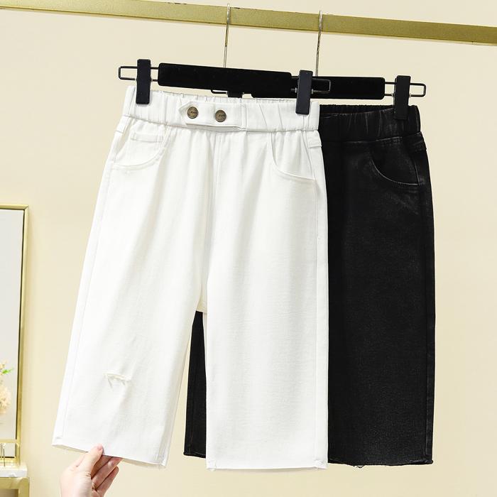 DIMANAF Большие размеры Женские брюки Летние короткие джинсы Джинсы с эластичной резинкой на талии Свободные брюки Базовые шорты с отверстиями и высокой талией