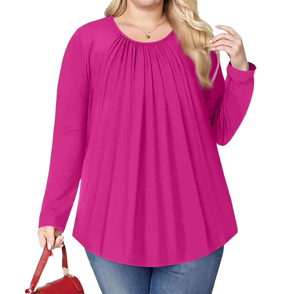 Women's Plus Size Fashion Solid Colour Casual Pleated Round Neck Long Sleeve Top