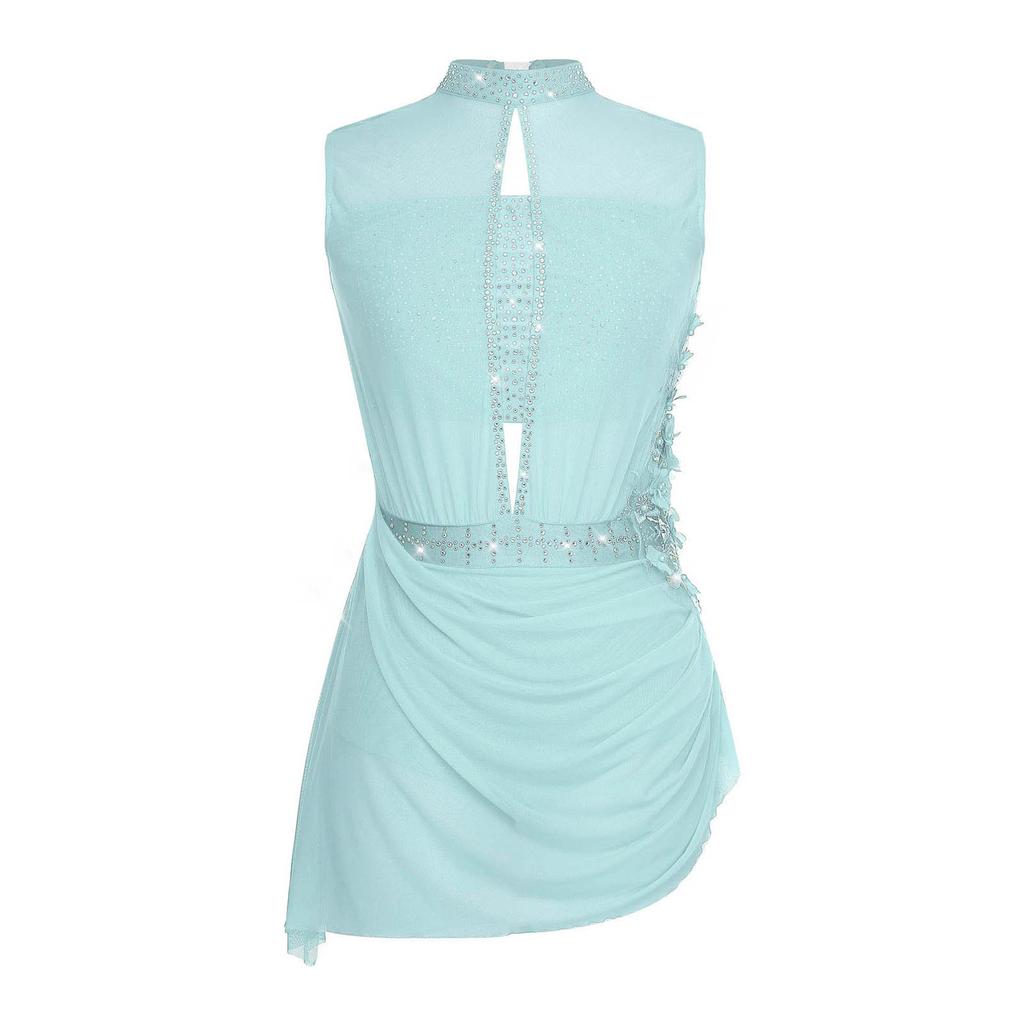 Женский костюм для фигурного катания Прозрачная сетчатая накладка Вырез на спине Без рукавов Платье с блестящими стразами Аппликация Танцевальная одежда