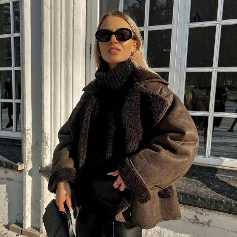 Womens Winter Faux Fur Lined Reversible Jacket Loose Fit Street Style Coat With Snap Buttons