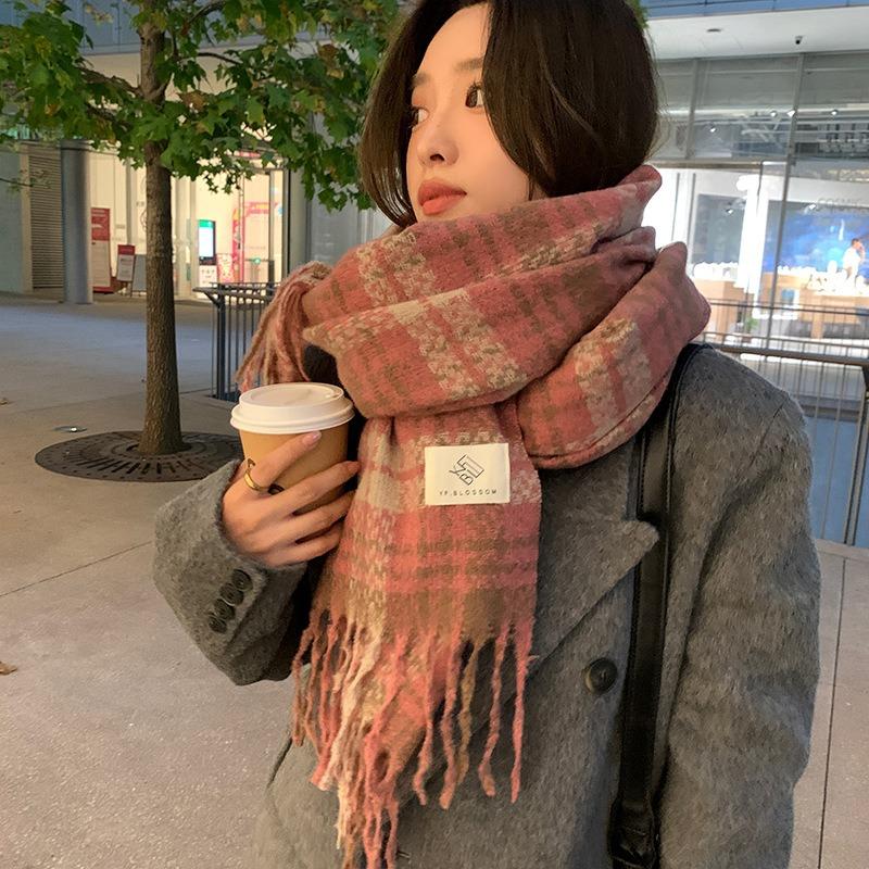 Dried Rose Pink Plaid Scarf Women's Winter Senior Feeling Warm New Sweet Versatile Fringed Shawl Scarf