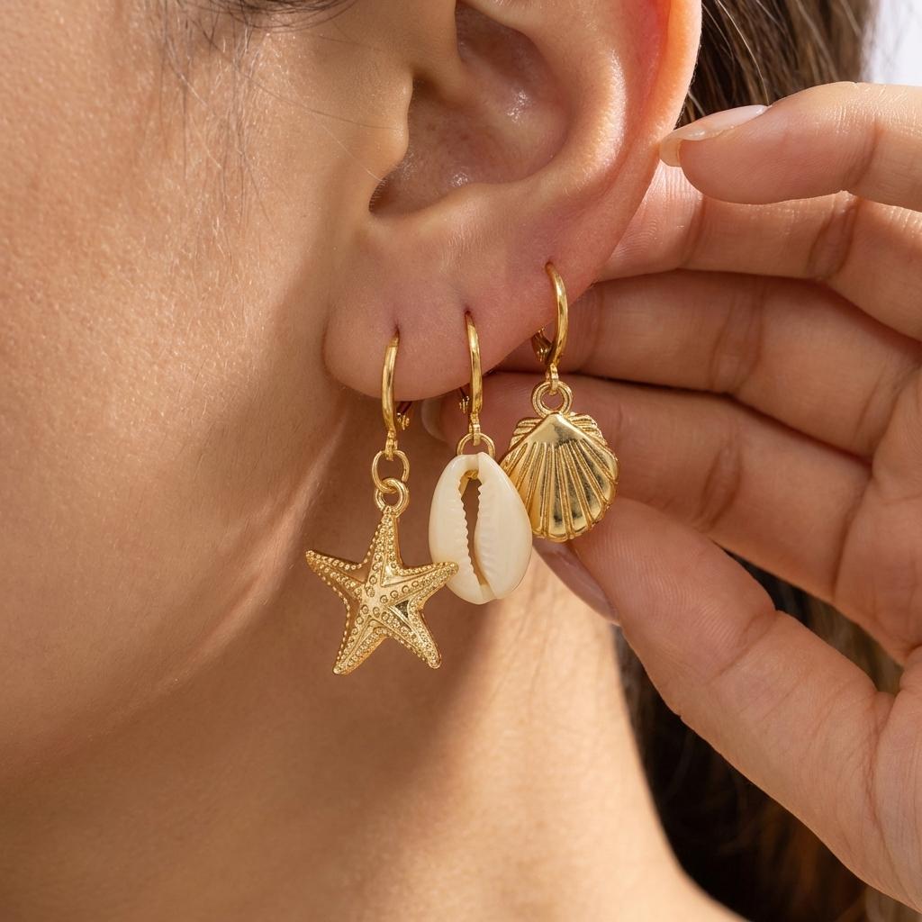 6Pcs Boho Starfish Shell Scallop Earring Set For Women Imitation Pearl Metal Geometric Earring Beach Party Versatile Zircon