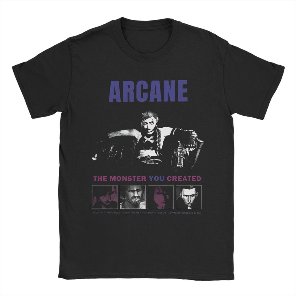 Crazy Arcane Poster Jinx Vi Sister T-Shirt for Men Crewneck Cotton T Shirts Anime Game Short Sleeve Tees Plus Size Merch
