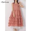 Japanese Mori Girl Summer Women Tank Midi Dress O Neck White Pink Black Apricot Embroidery Sundress Cotton Sleeveless Midi Ruffles Dress