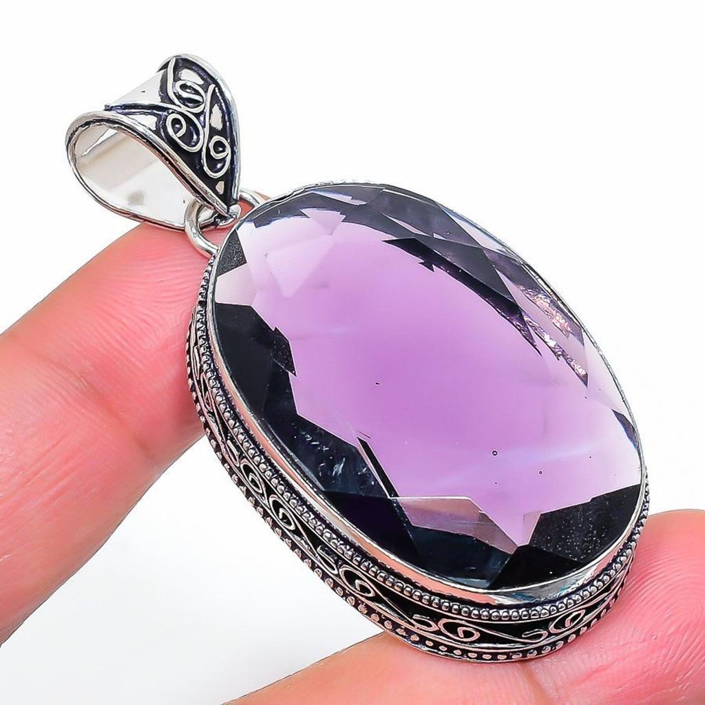 Lab Created African Amethyst Vintage Pendant 2.3" Silver Tone Oval Cut Gemstone