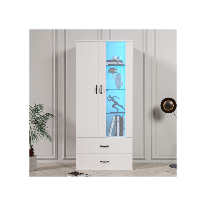 Vitrine éclairée LED - MUVOE - 2 portes - Blanc - 16 couleurs - Autoportante