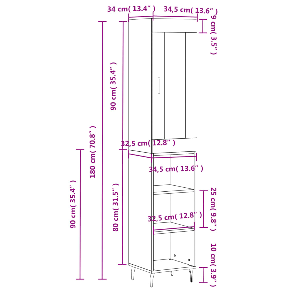 Highboard in Sonoma Oak Finish 34.5 x 34 x 180 cm Particleboard