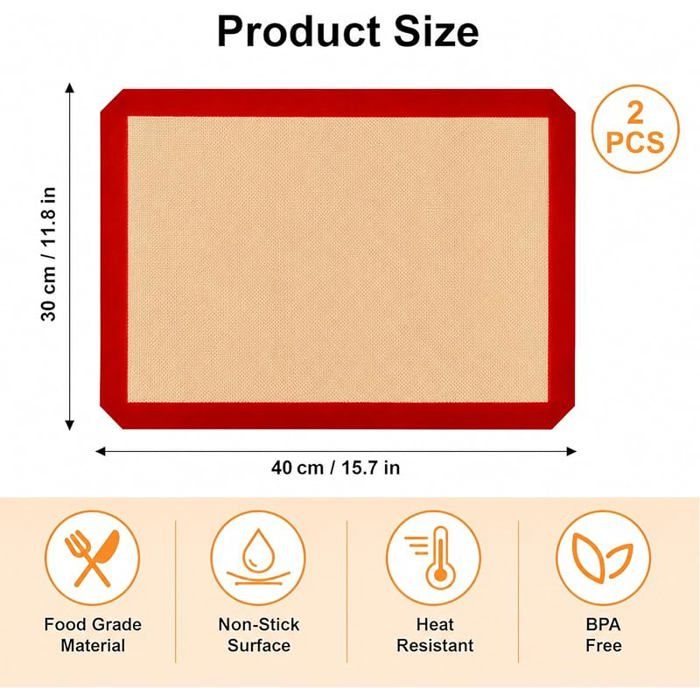 Lot de 2 tapis de cuisson en silicone réutilisables antiadhésifs pour four, fibre de verre, jusqu'à 230 °C