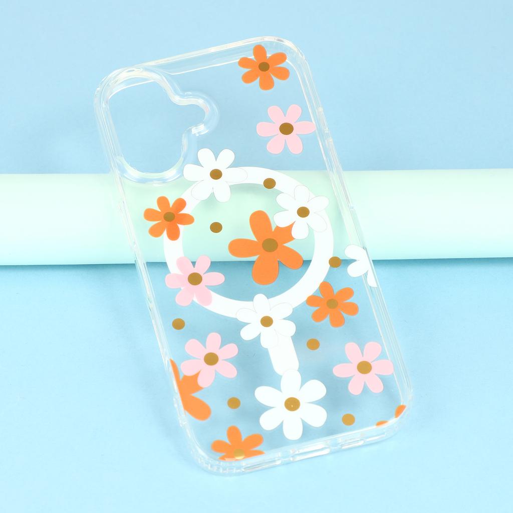 For iPhone 16 Magnetic Case IMD Flower Pattern TPU+PC Clear Back Phone Cover