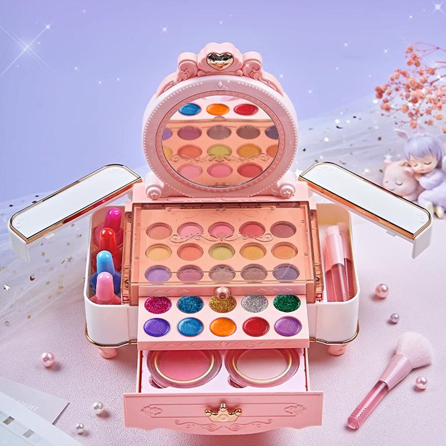 49 Pcs Dresser Kids Makeup Kit for Girls, Dressing Table Princess Real Washable Pretend Play Cosmetic Set Toys with Mirror, Non-