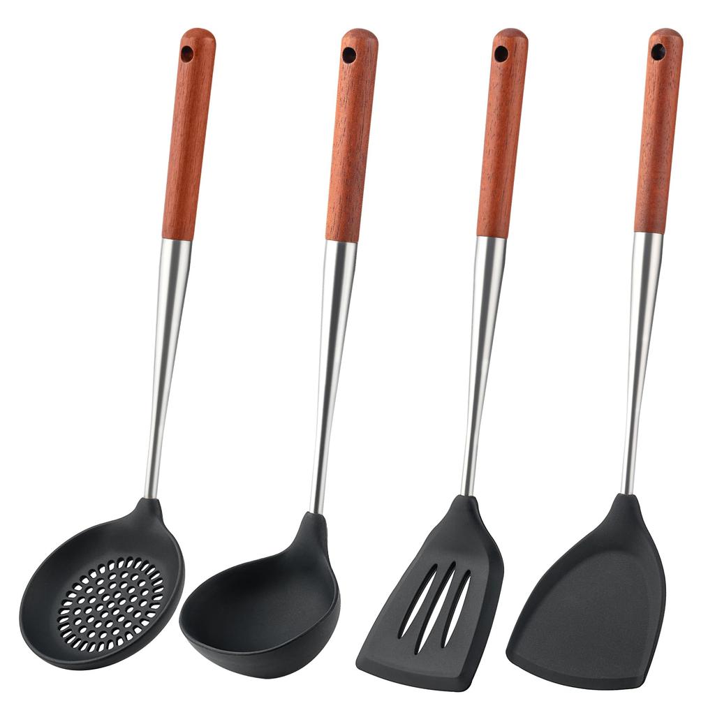FJNATINH Ladle 304 Stainless Steel Wok Spatula Wok Utensils Set of Walnut Silica Gel Head 4,