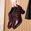 Flying Knitting Pointed Elastic Splicing Thick Heel Deep Mouth Single Shoes Women's 2025 Autumn Versatile Retro Middle Heel Fashion Small Leather Shoe