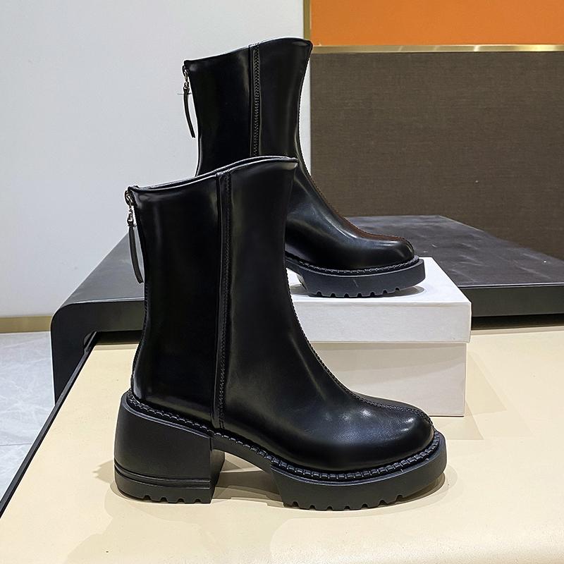 2024 Autumn New Women Boots Zipper Mid Heels Boots for Female Solid Round Head Non-slip Waterproof Ladies Fashion Shoes