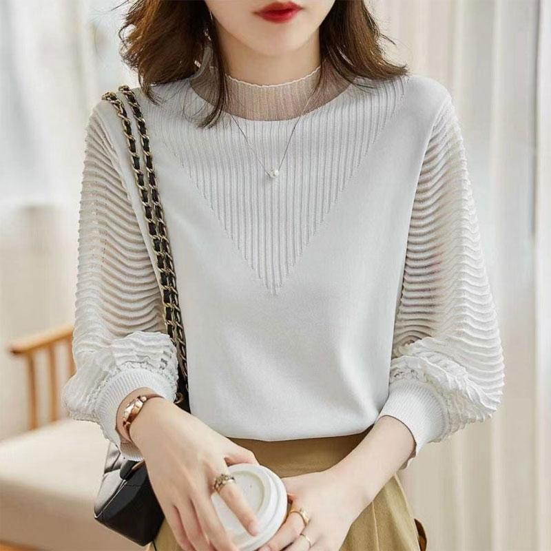 Women's Clothing Half High Collar Knitted Blouse Casual Solid Color Spring Autumn Long Sleeve Striped Lace Spliced Loose Shirt