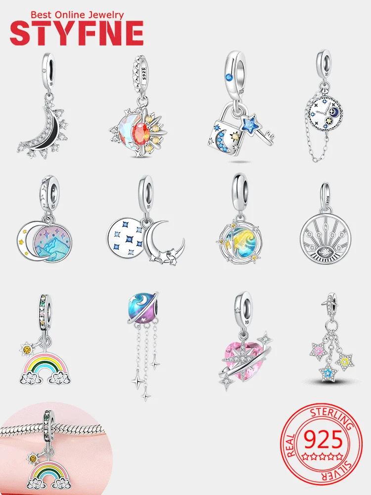 Шармы Сияющий Циркон Луна Планета Радуга Звезда Бусины Медная Подвеска Подходят для Оригинальных Браслетов Сделай Сам Женские Украшения Изысканный Подарок