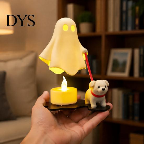 Creative Halloween Table Centerpiece Ghost Walking Dog Figurine, Cute Spooky Statue with Whimsical Room Accessories LED Candle, 3D Printed Tabletop