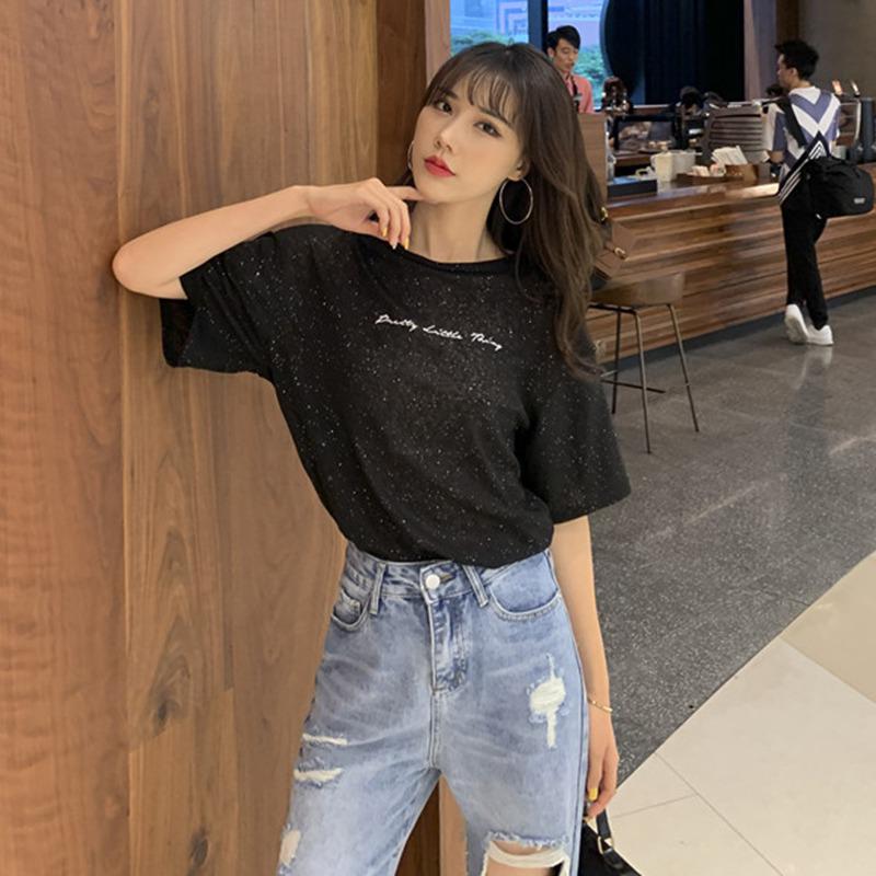 Женская повседневная блестящая круглая шея с буквенным принтом, свободный пуловер с короткими рукавами, простая футболка с открытой спиной