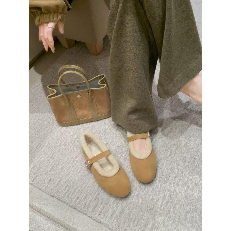 Шерстяные виноградные ма теплые туфли Мэри Джейн на плоской подошве с круглым носком и пряжкой-однословом, женские плюшевые одинарные туфли