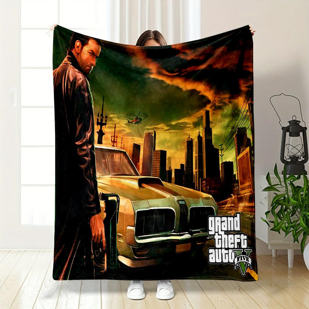 Man with Classic Car in Cityscape Backdrop Patterned flannel blanket perfect for the bedroom living room, sofa, or a little nap