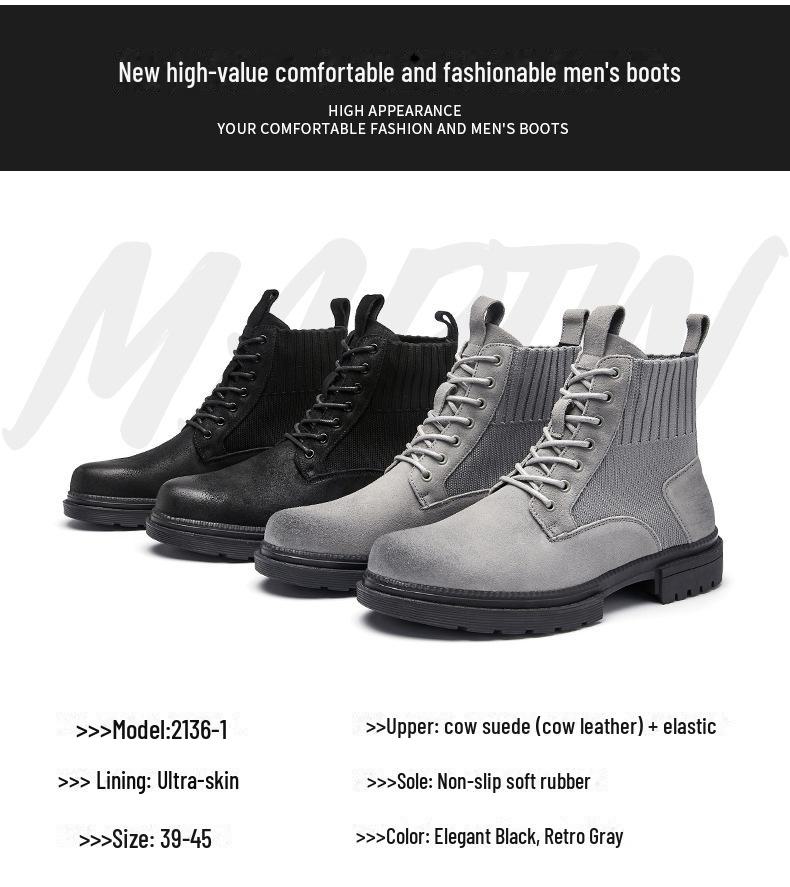 Men's Trendy British-Style Genuine Leather Lace-Up Martin Boots, Thick Sole, High Top, Elastic Design, Suitable for Outdoor Hiking.