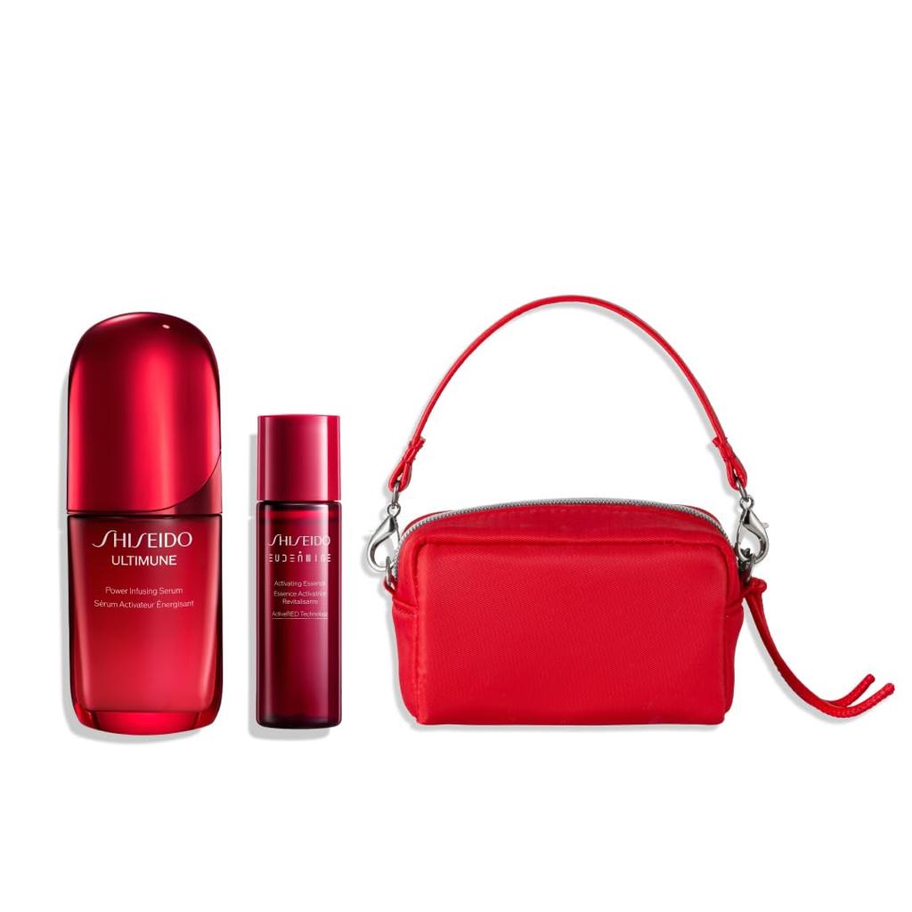 SHISEIDO Ultimune Специальный набор | Сыворотка 50 мл + Eudermine специального размера (30мл) + Мини-косметичка LISA Collaboration | Гелевая/жидкая текстура | Зеленый цветочный аромат |