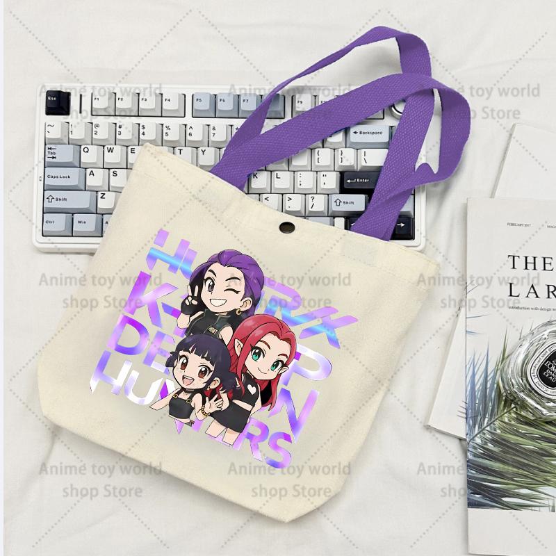 KPop Demon Hunters GIRLS Canvas Shopping Bags Women Cotton Tote Bags Reusable Cartoon Letter Shoulder Bag Grocery Handbag Beige