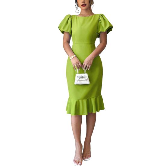 Женские облегающие платья с короткими пышными рукавами, платье миди с круглым вырезом и оборками, юбка «русалка», коктейльное платье для гостьи на свадьбу