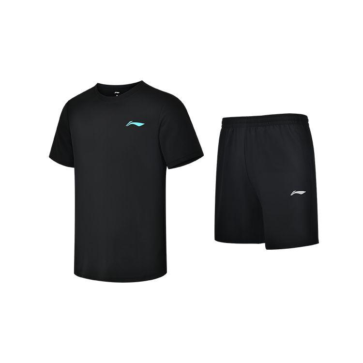 Li-Ning Однотонный дышащий тренировочный спортивный комплект из футболки с коротким рукавом и шорт, мужской комплект черного цвета AHST347-1+AKSS437-1
