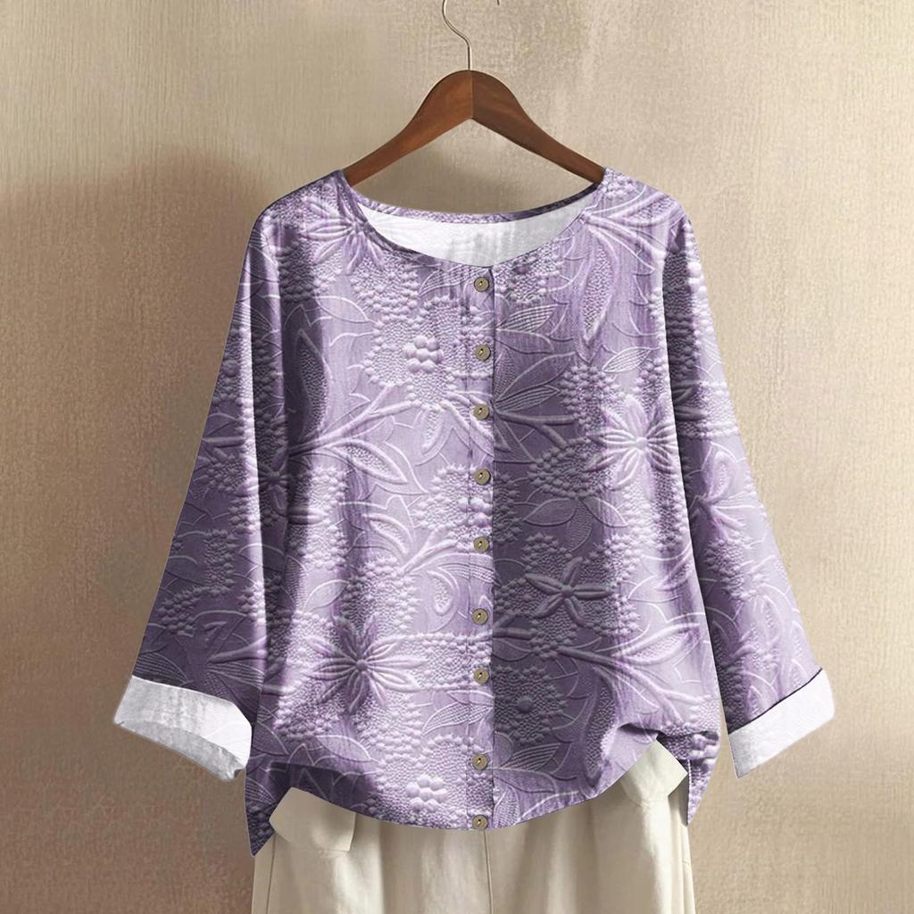Женская модная и повседневная рубашка с длинным рукавом, круглым вырезом и принтом, блузка-топ из хлопка и льна