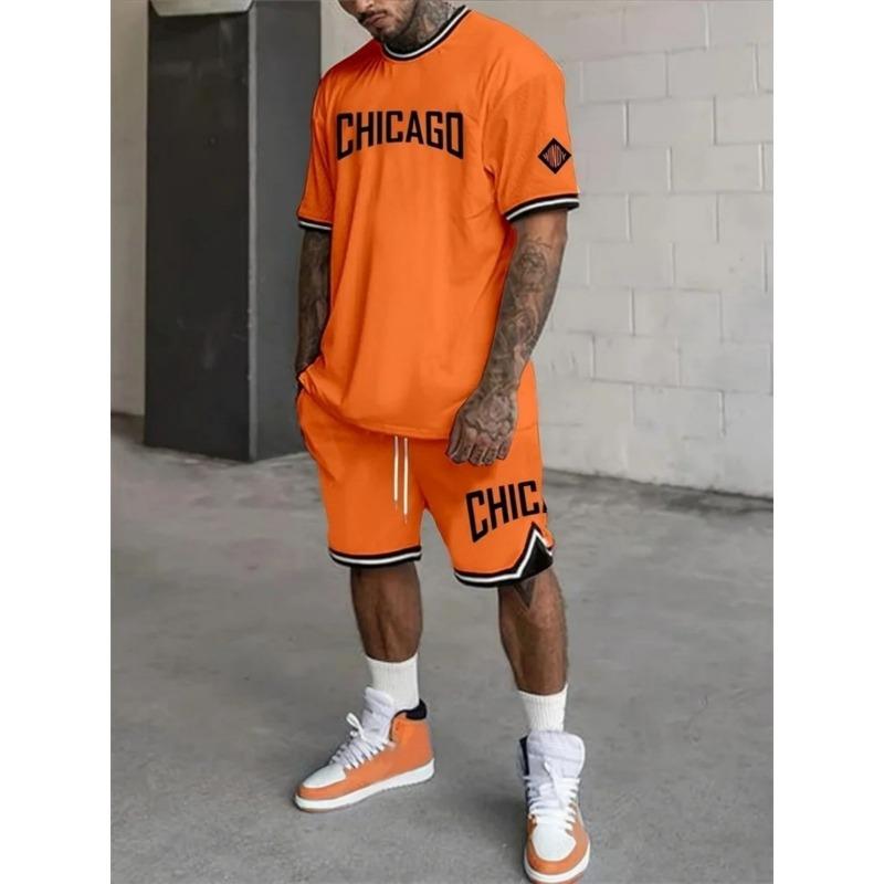 Летний мужской удобный и дышащий комплект из футболки с круглым вырезом с цифровой печатью и шорт, подходящий для активного отдыха и спорта