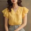 Women Casual V-neck Summer Ruffles Short Sleeve Blouse