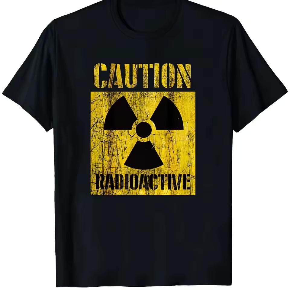 Black T shirt Caution Radioactive Symbol Text Graphic Design for Casual Wear Statement Look Short Sleeve Medium Stretch Fabric