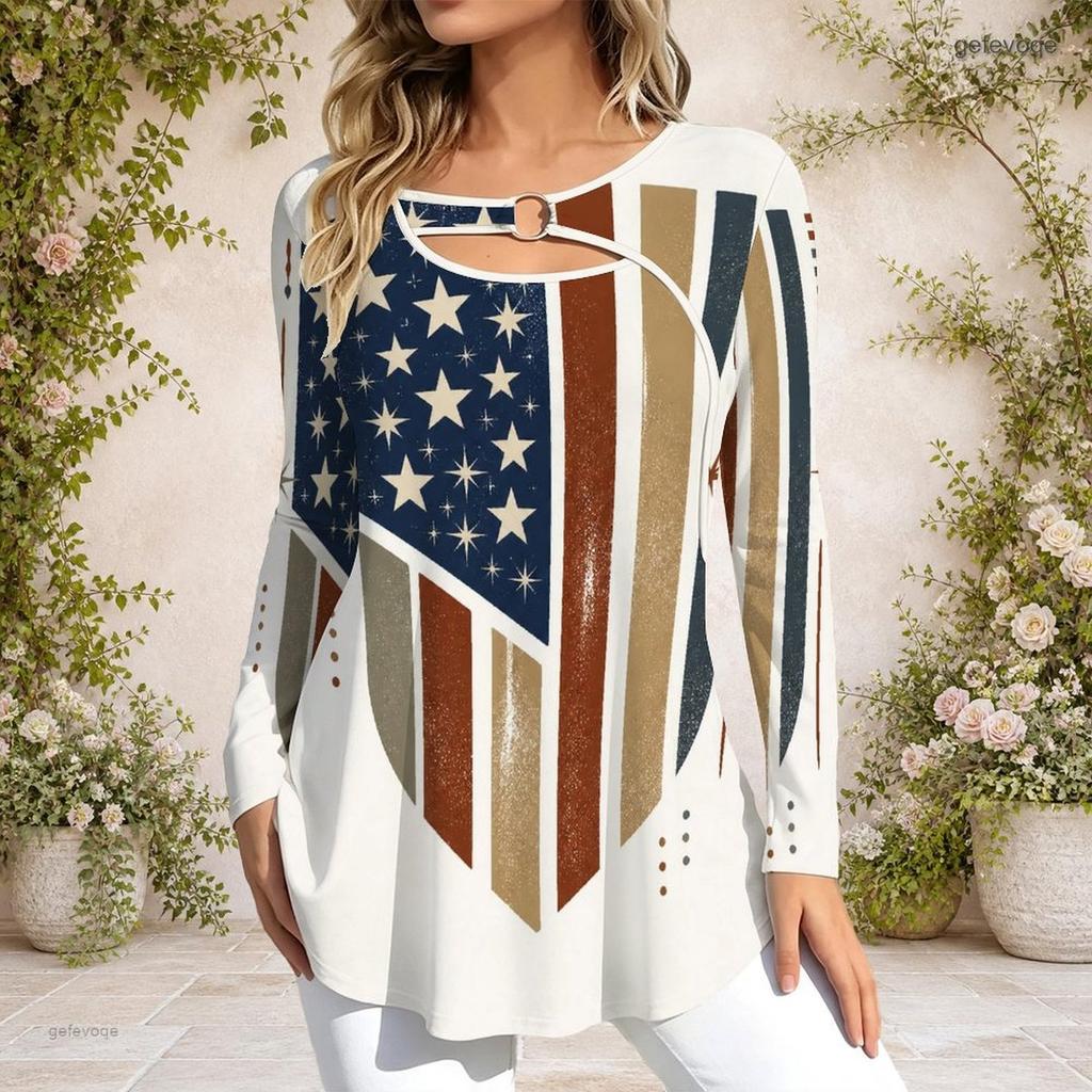 Womens Plus Size Long Sleeve Crew Neck Tee With Metal Ring Collar Accent