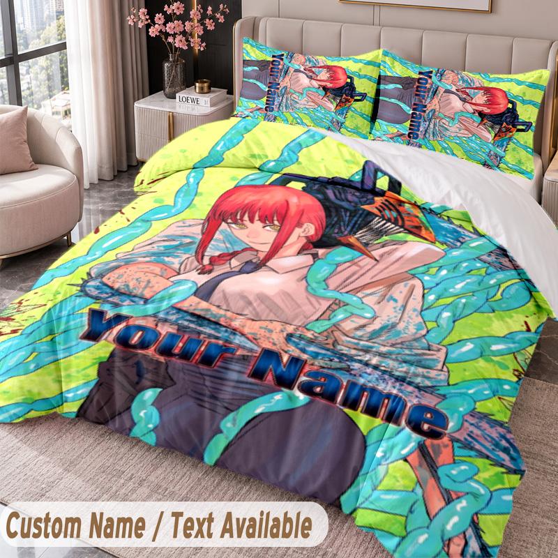 Custom Name Text 3Pcs Bedding Set Chainsaw Man Duvet Cover And Two Pillowcases