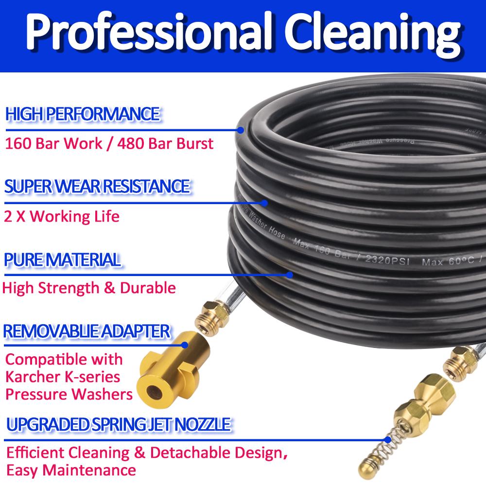 20m Pressure Washer Sewer Drain Water Cleaning Hose Car Washer Pipe Line Cleaning Kit Sewage Jet Hose High Pressure Pipe Cleaner