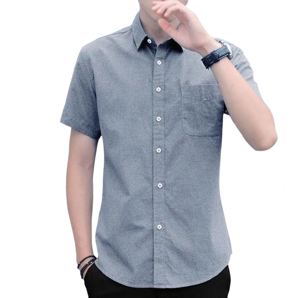 Summer Spring Men Shirt Turn-down Collar Single-breasted Loose Plus Size Solid Color Short Sleeves Street Formal Business Style