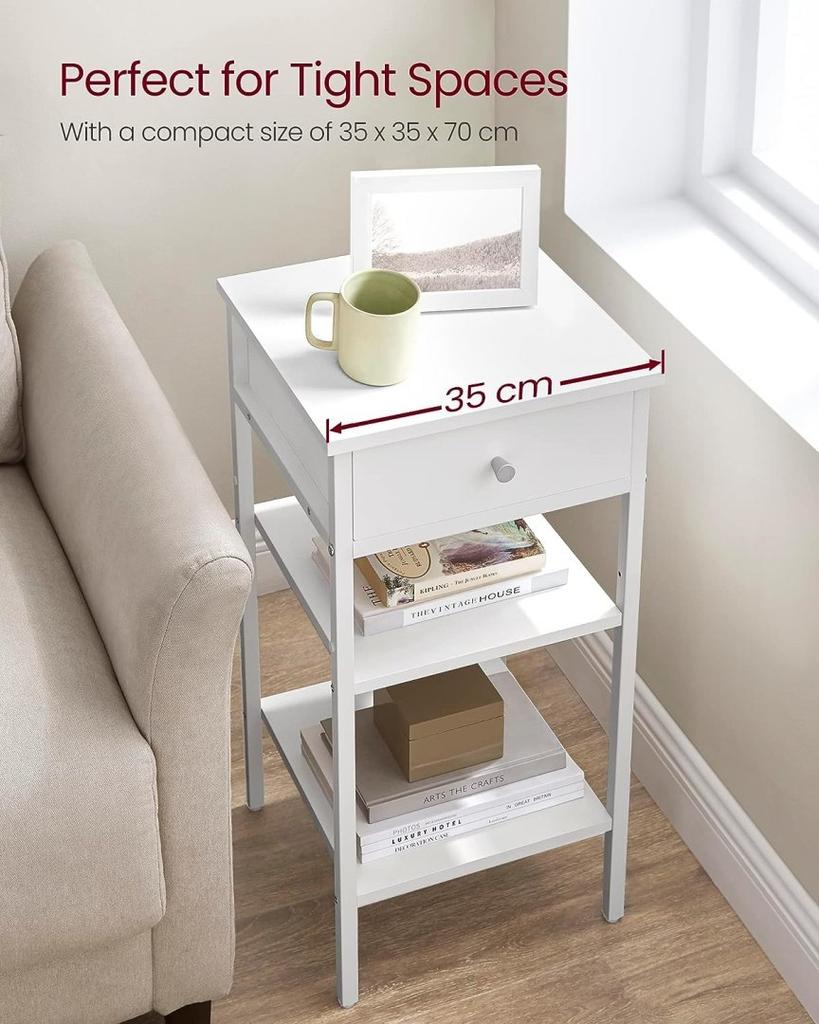 Bedside Table, End Table, High Bedside Table with Drawer and 2 Shelves for Storage, Space Saving, Industrial Table