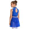 Children’s Sparkle Rhinestone Sleeveless Mock Neck Top Keyhole Back and Ruched Irregular Skirt for Dance Show Practice