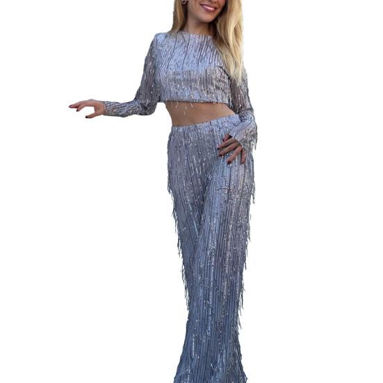 Женский праздничный комплект из 2 шт./компл., укороченный топ с круглым вырезом и длинными рукавами, с кисточками и блестками, высокая талия, широкие брюки, комплект