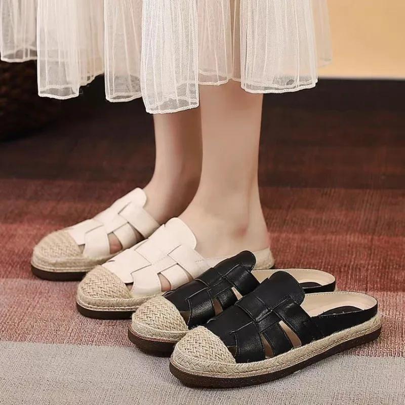 Fashion High Quality Summer Ladies Closed Toe Slipper 2024 Retro Hemp Rope Woven Women's Slippers New Casual Versatile Platform Slides
