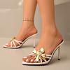 Gold Flower Decor High Heels Slippers Vintage Black Leather 2025 Summer New In Sexy Women's Sandals Luxury Designer Party Shoes