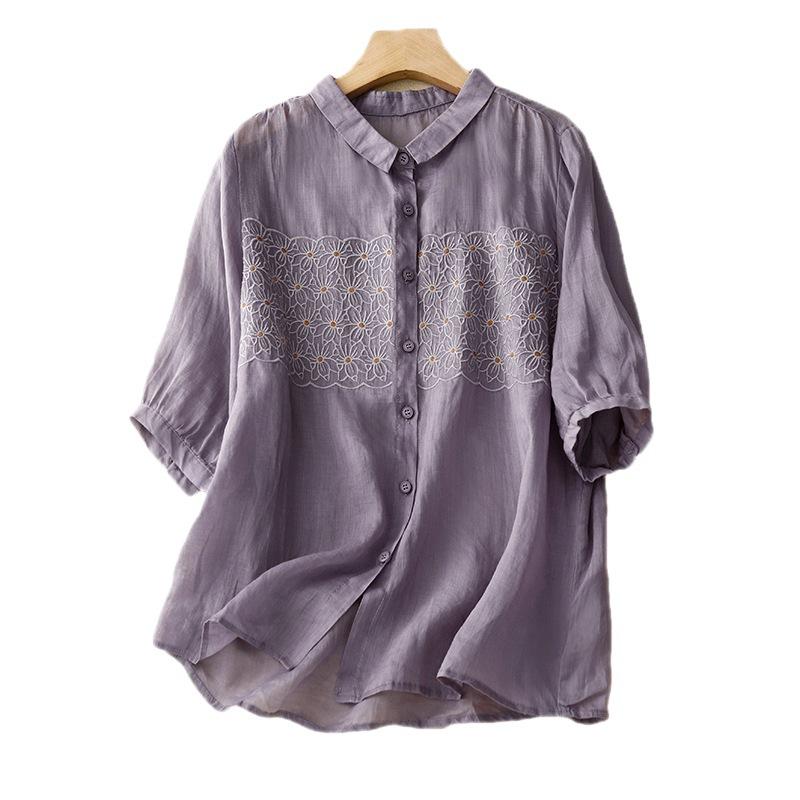 Summer Artistic Loose Embroidery Flower Cotton Linen Short Sleeved Shirt Women's Shirt Top