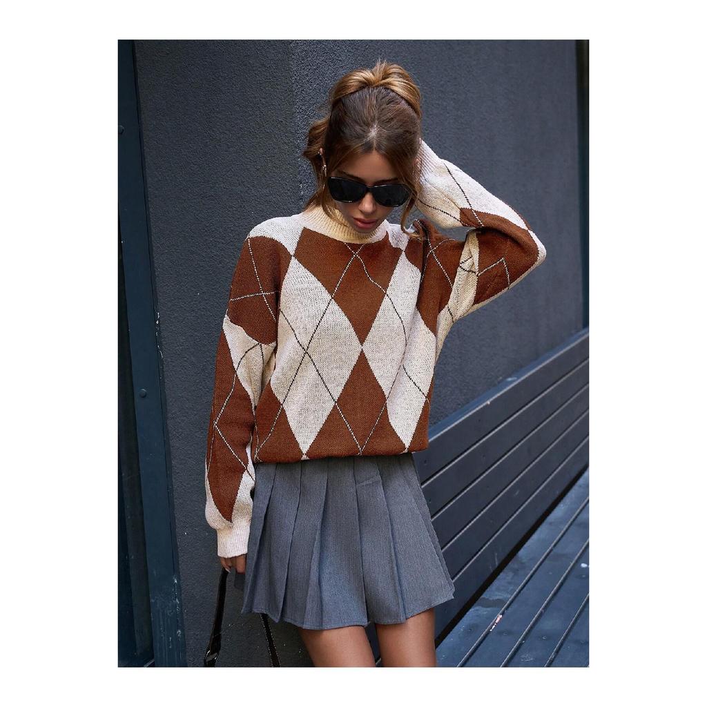 Women's Diamond Patterned Black High Collar Knitwear Sweater