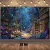 2D plane, 1 piece of magic library background banner - charming forest library scene with bookshelves and glowing books